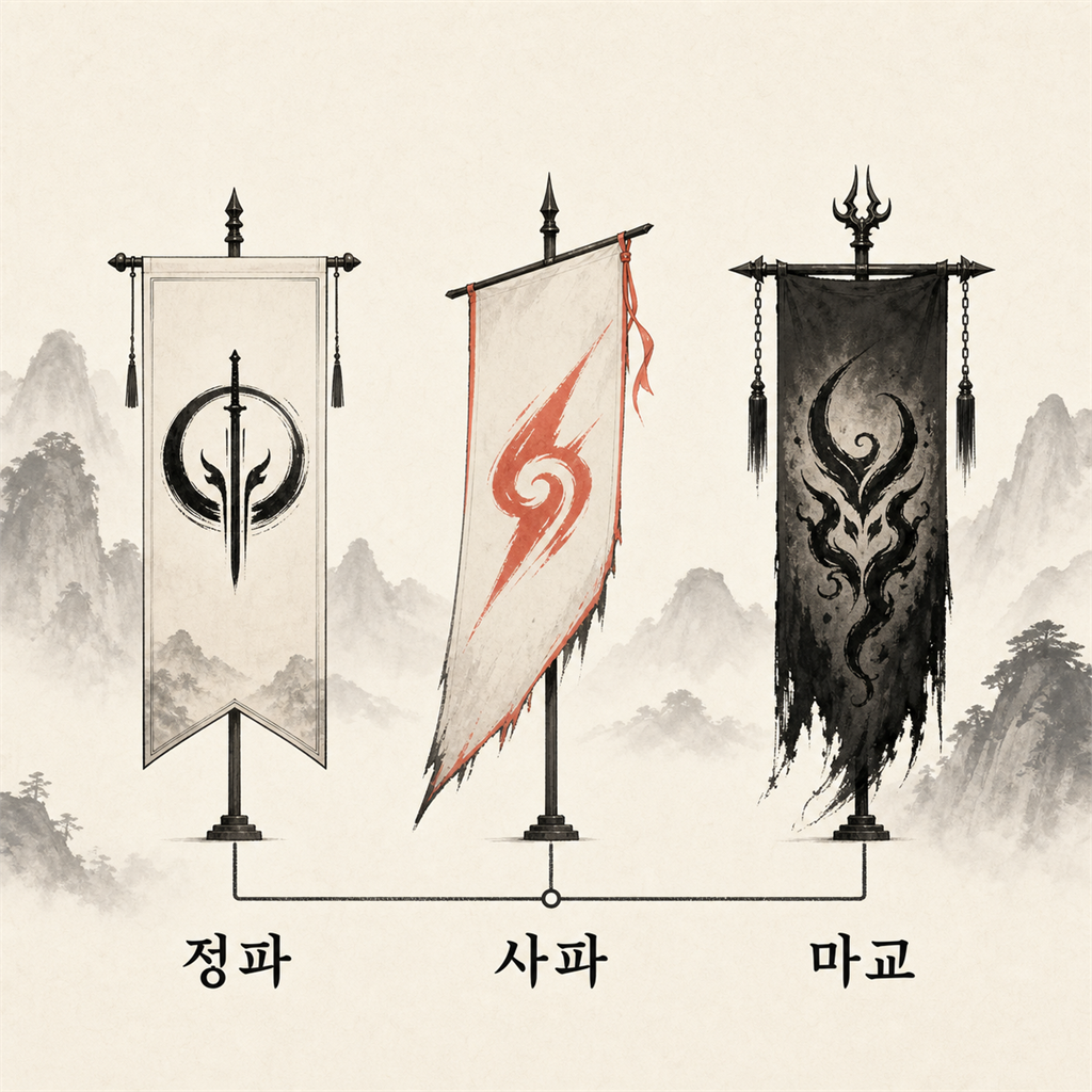 정파 사파 마교 세 세력의 깃발과 세력도